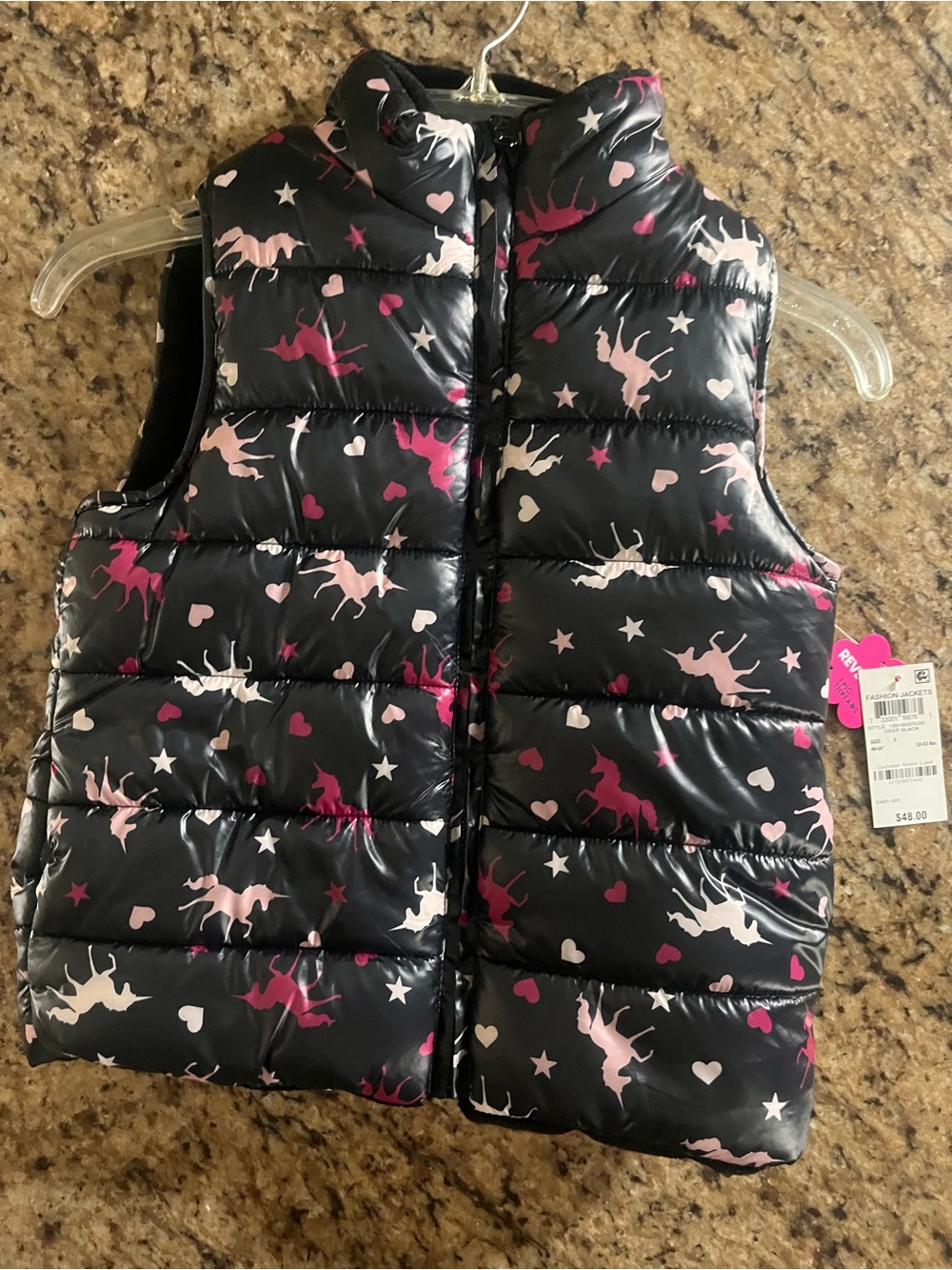 Epic Threads Black Puffer Vest with Pink & White Unicorns